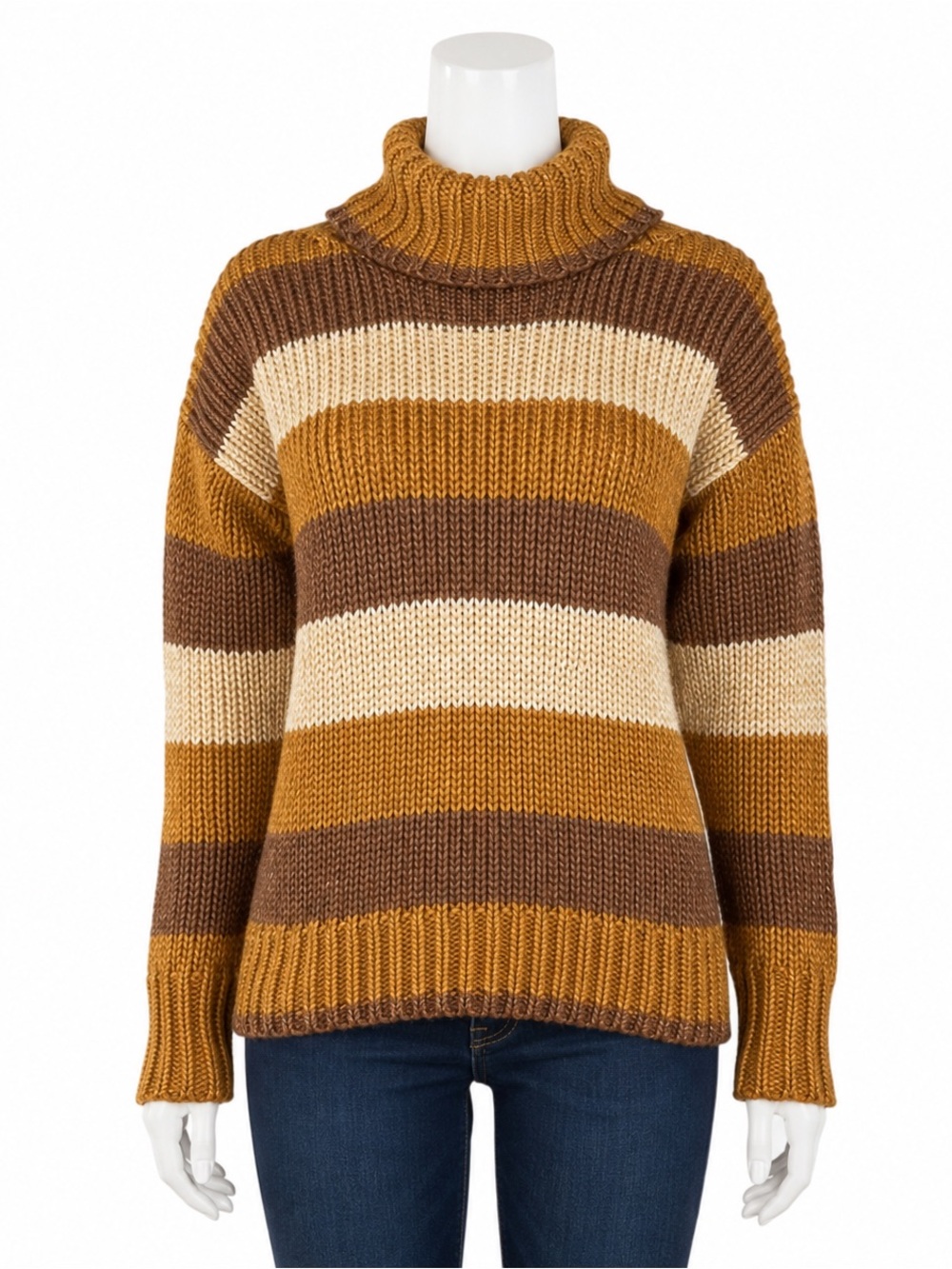 Pink Lily Striped Turtleneck Sweater Size M Mustard Brown Cream Chunky Knit